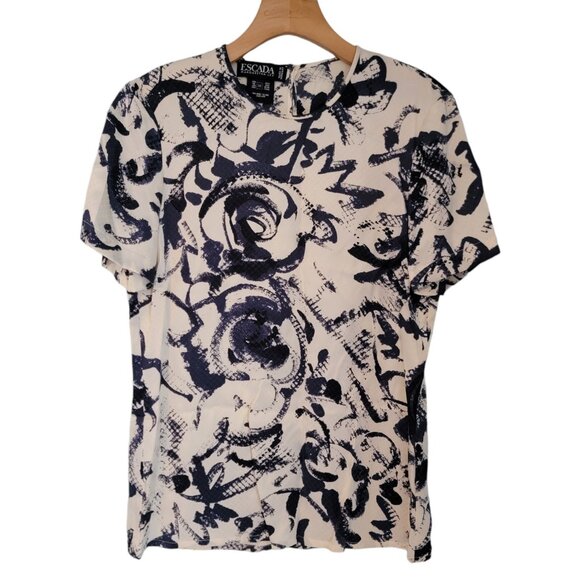 Escada‎ Margaretha Ley Silk Button Up Blouse Dark Navy & Cream Floral Sz 36 - Picture 1 of 9